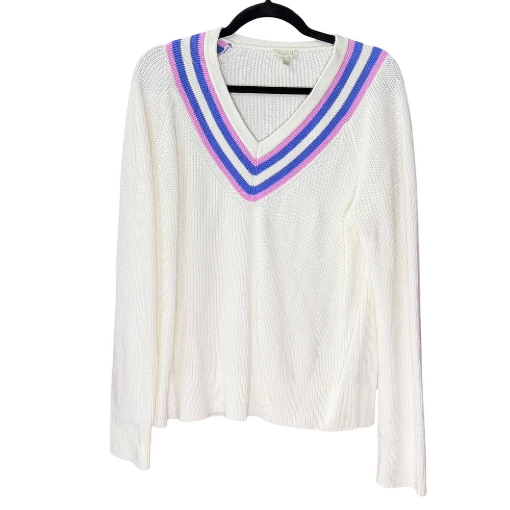 Talbots Sweater Women L White V-Neck Striped Trim Shaker Knit Cotton Blend